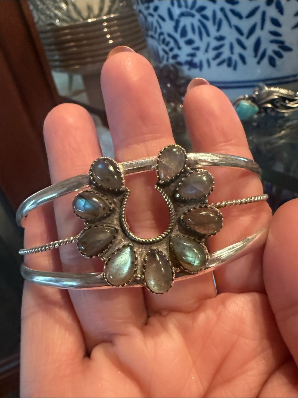 Sterling Silver Labradorite Teardrop Cuff Bracelet - Women Jewelry